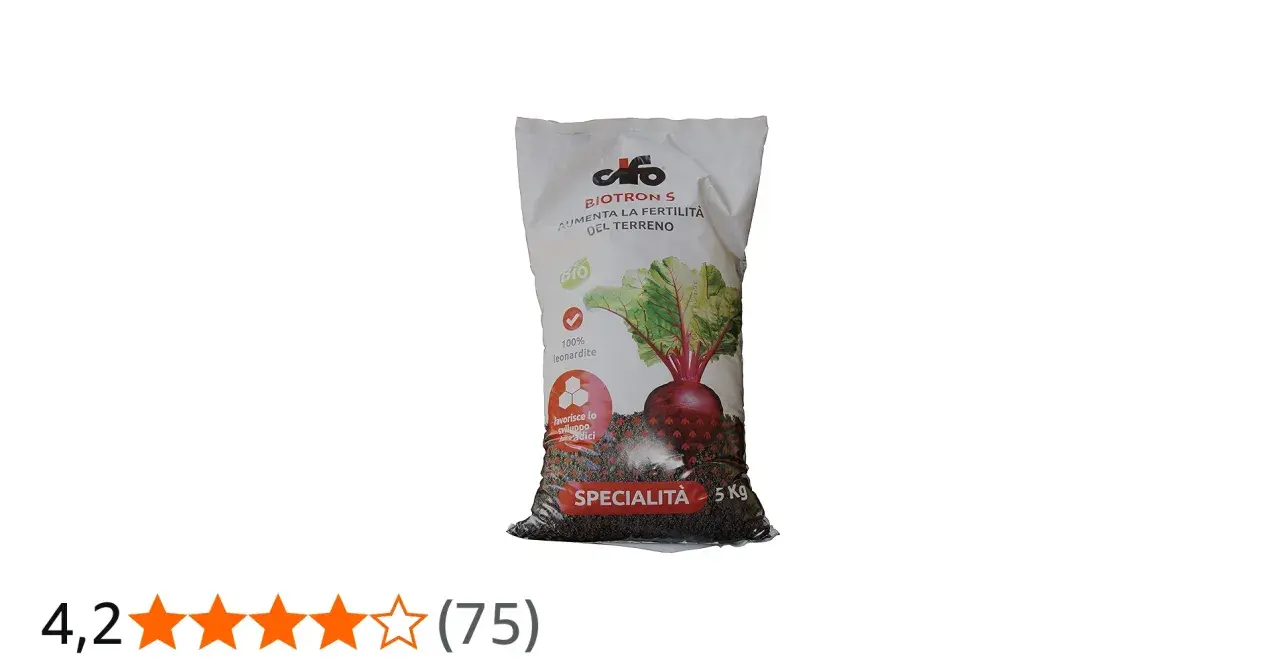 Sacco di fertilizzante BIOTRON S, 100% leonardite, per aumentare la fertilità del terreno e favorire lo sviluppo delle radici. Scheda tecnica del prodotto.