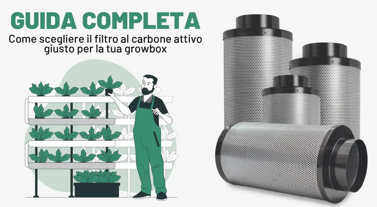 Guida completa per scegliere il filtro carboni attivi giusto per la tua growbox. Illustrazione di un uomo che cura piante in growbox e filtri al carbone attivo.