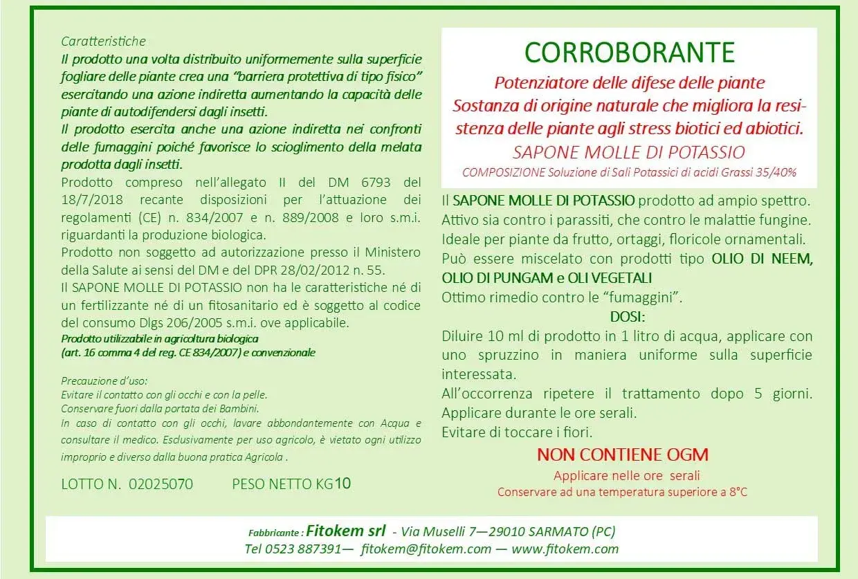 Sapone molle di potassio, ideale per le piante, con dosi per l'uso. Migliora la resistenza agli stress biotici e abiotici.