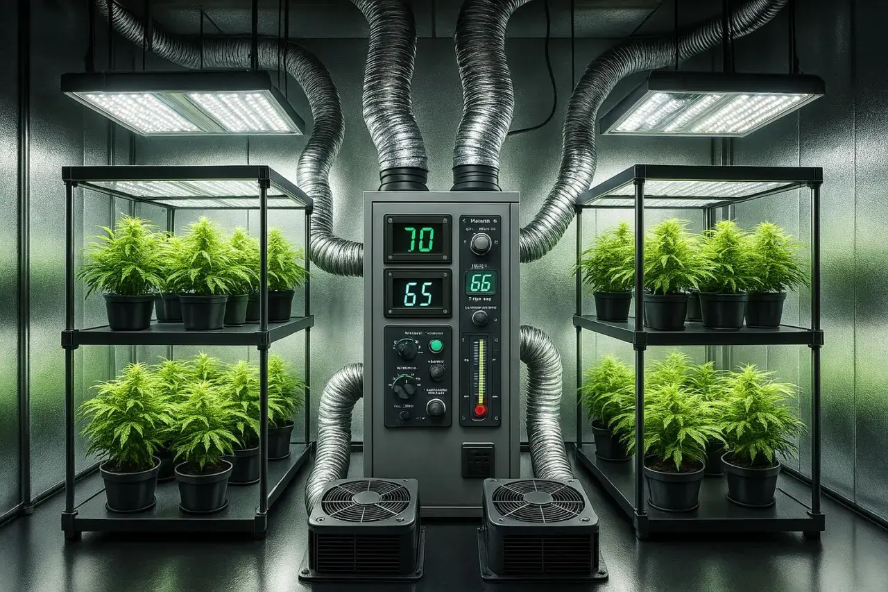Un sistema di coltivazione indoor con piante di cannabis in vaso, illuminato da luci LED e controllato da un master controller centrale con display digitali.