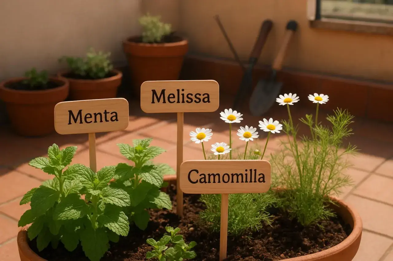 Un vaso con menta, melissa e camomilla, pronte per essere coltivate. La camomilla è in fiore, un segno che è il momento giusto per la semina.