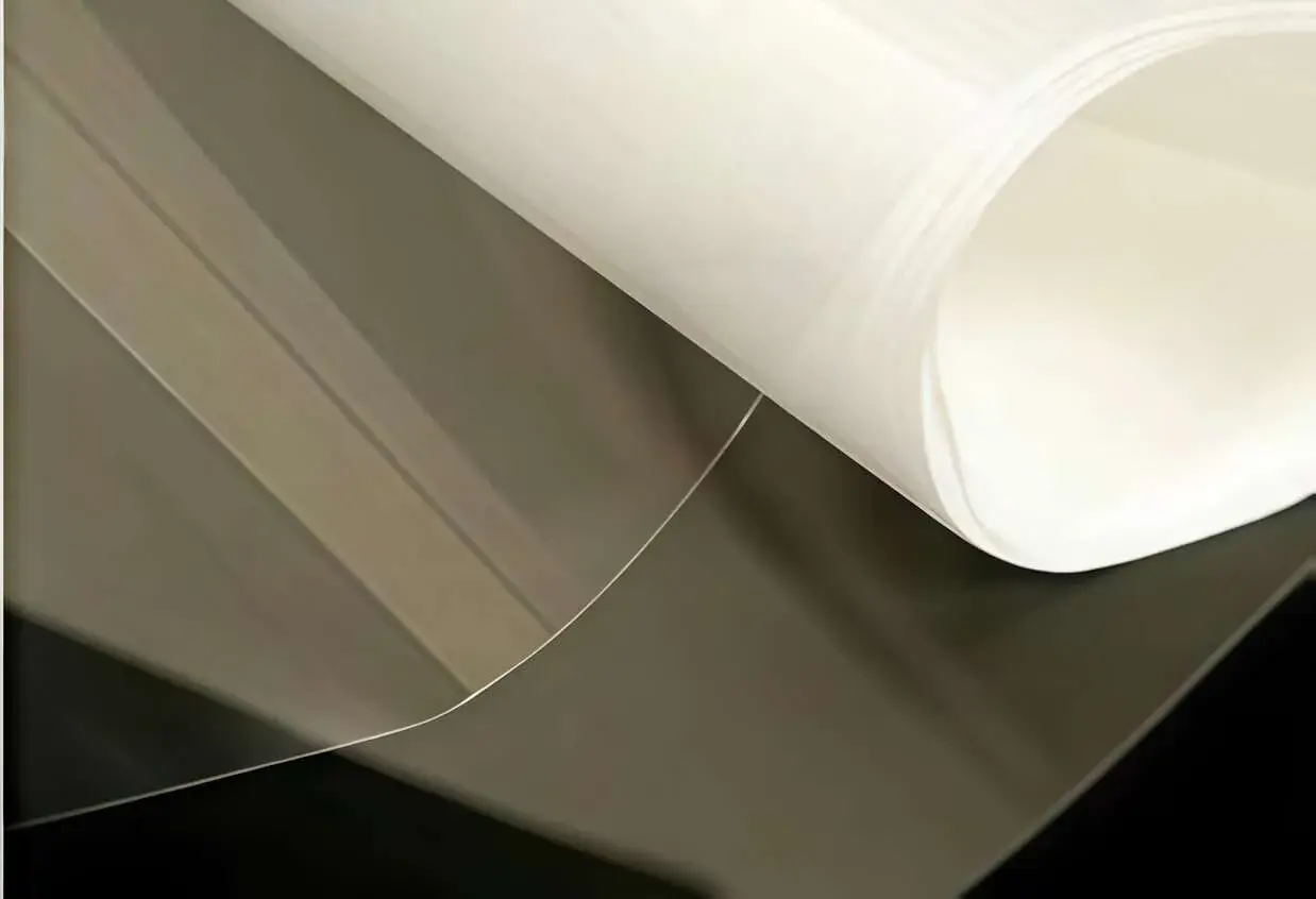 Foglio di materiale riflettente luce, trasparente e bianco, con pieghe morbide.