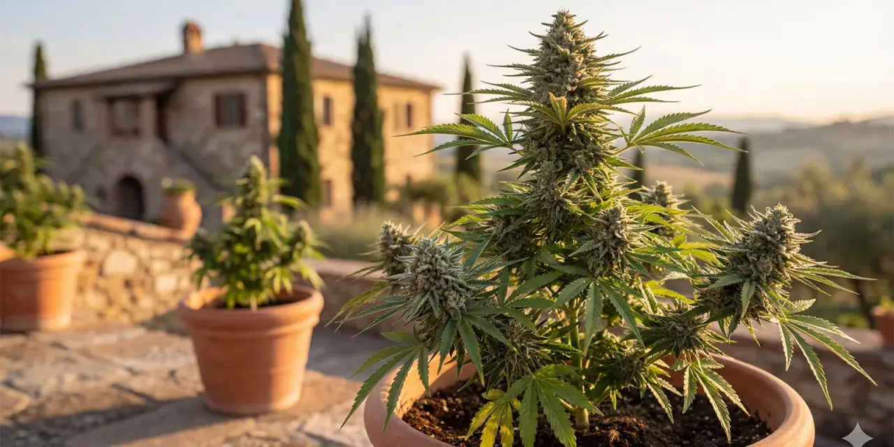 Piante di marijuana outdoor in vaso, con una casa in stile toscano sullo sfondo al tramonto.