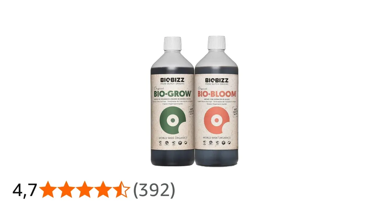 Due bottiglie di fertilizzante Biobizz: Bio-Grow e Bio-Bloom, per una crescita e fioritura ottimali.