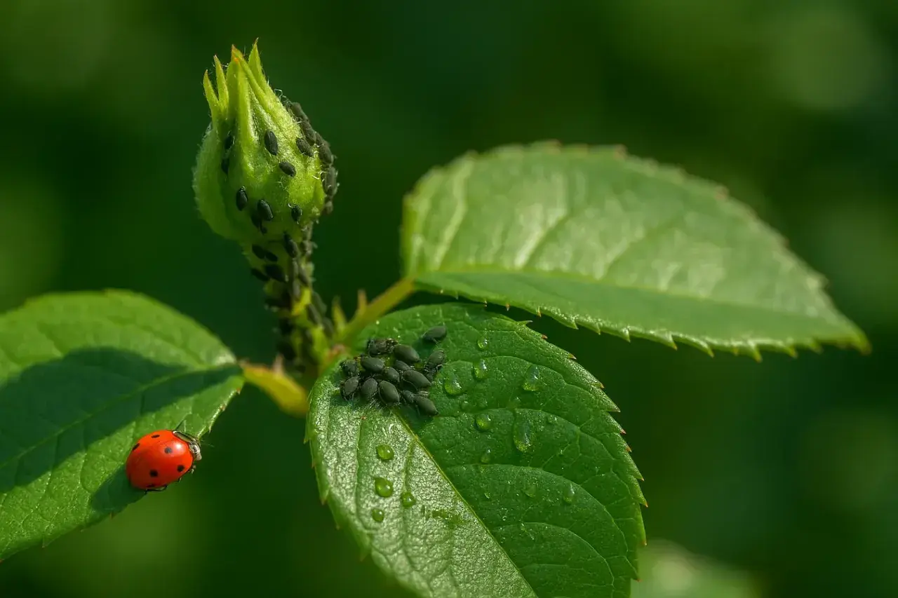 Coccinella rossa su foglia verde, circondata da un gruppo di pidocchi piccolissimi che infestano un bocciolo di rosa.