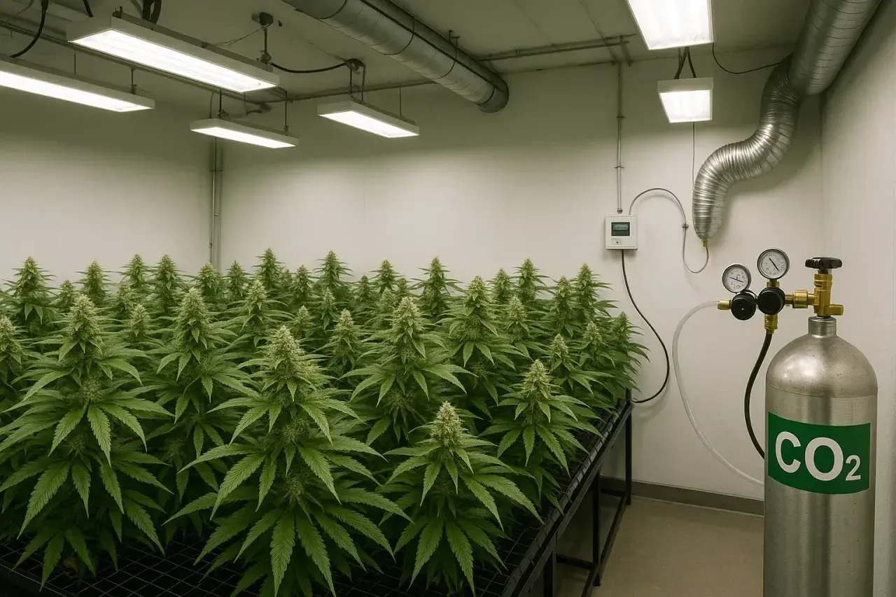Serra con piante di cannabis in crescita, sistema di ventilazione e bombola di CO2. Ecco come usare le pasticche di CO2 per potenziare la crescita.