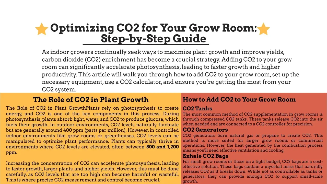Guida per ottimizzare l'anidride carbonica (CO2) nelle grow room. Aumentare la CO2 accelera la fotosintesi delle piante, favorendo crescita e rese.