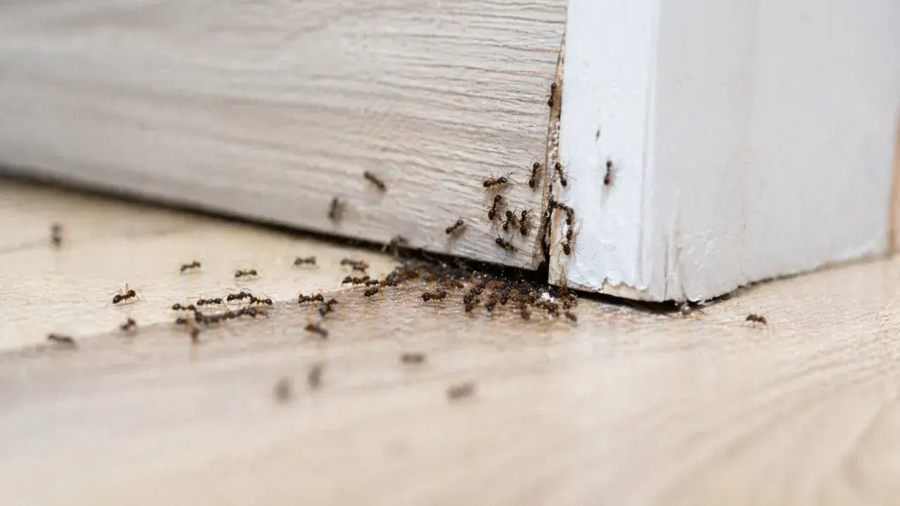 Formiche invadono un battiscopa, suggerendo la necessità di un insetticida naturale per formiche.