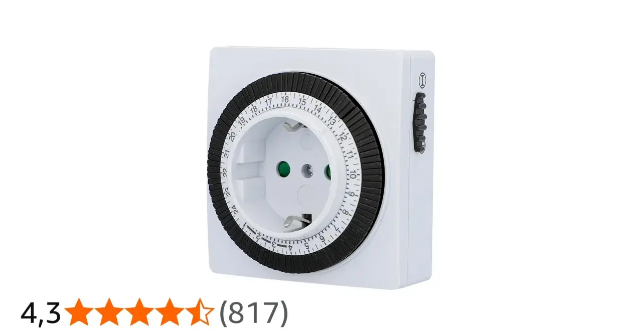 White mechanical timer with a 24-hour dial and a side switch.