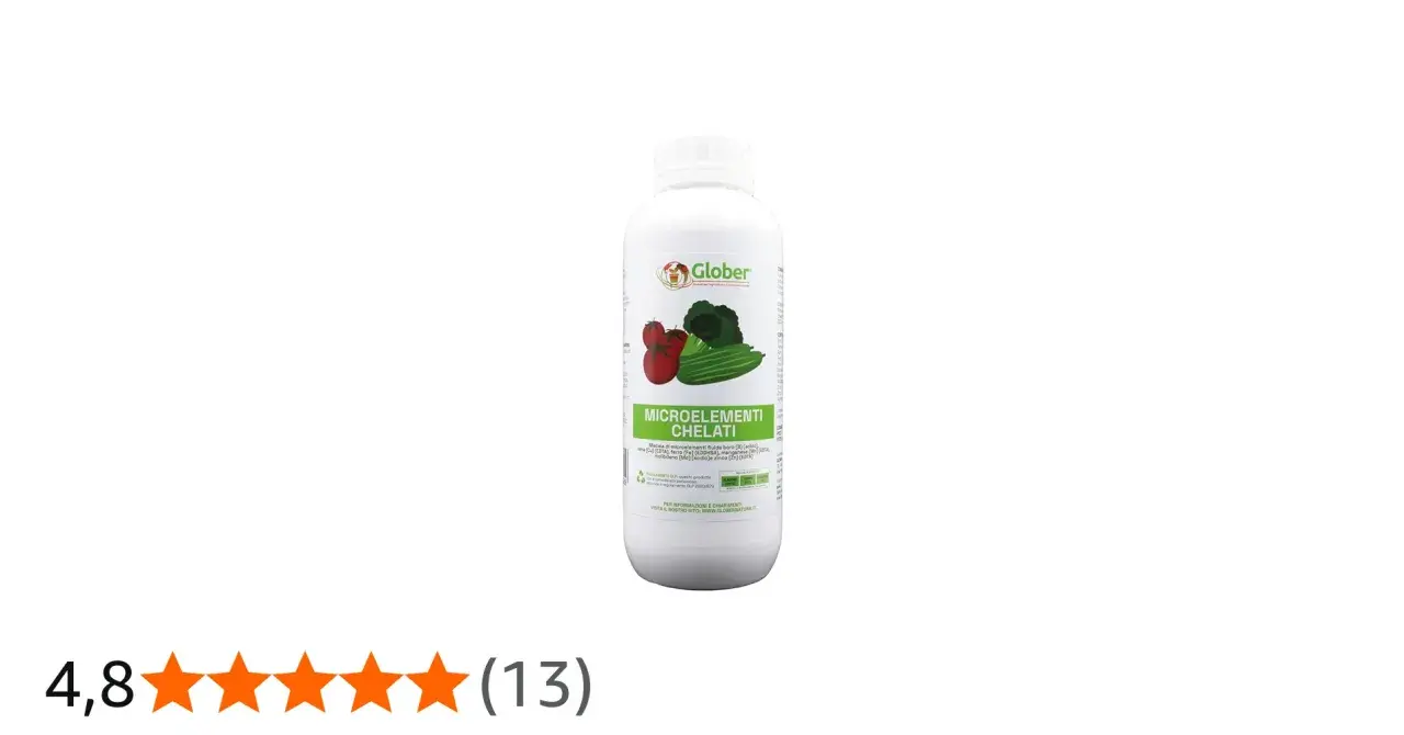 Flacone di microelementi chelati per piante, con immagini di pomodori, broccoli e cetrioli.