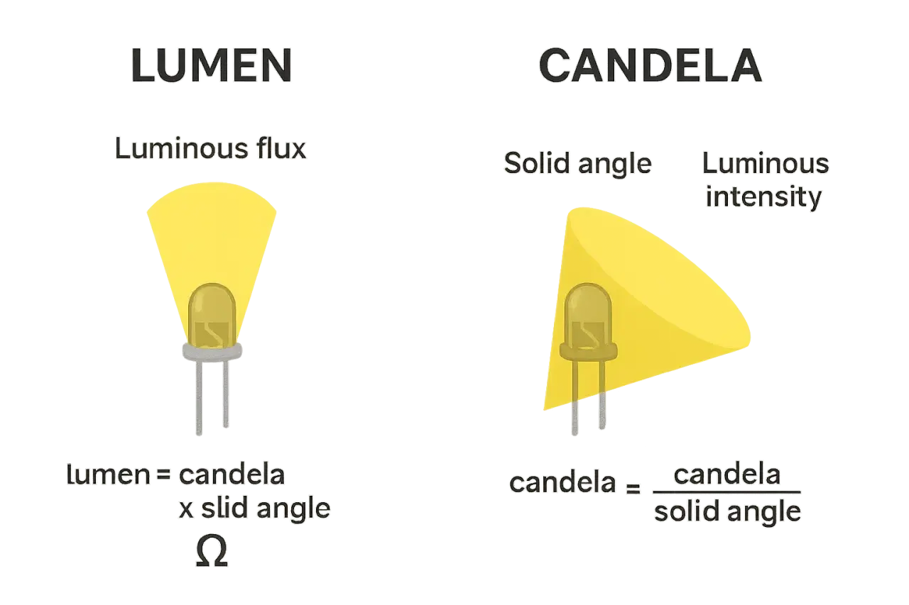 Lumen e candela: due modi di misurare la luce. Il lumen misura il flusso luminoso totale, la candela l'intensità in una direzione.
