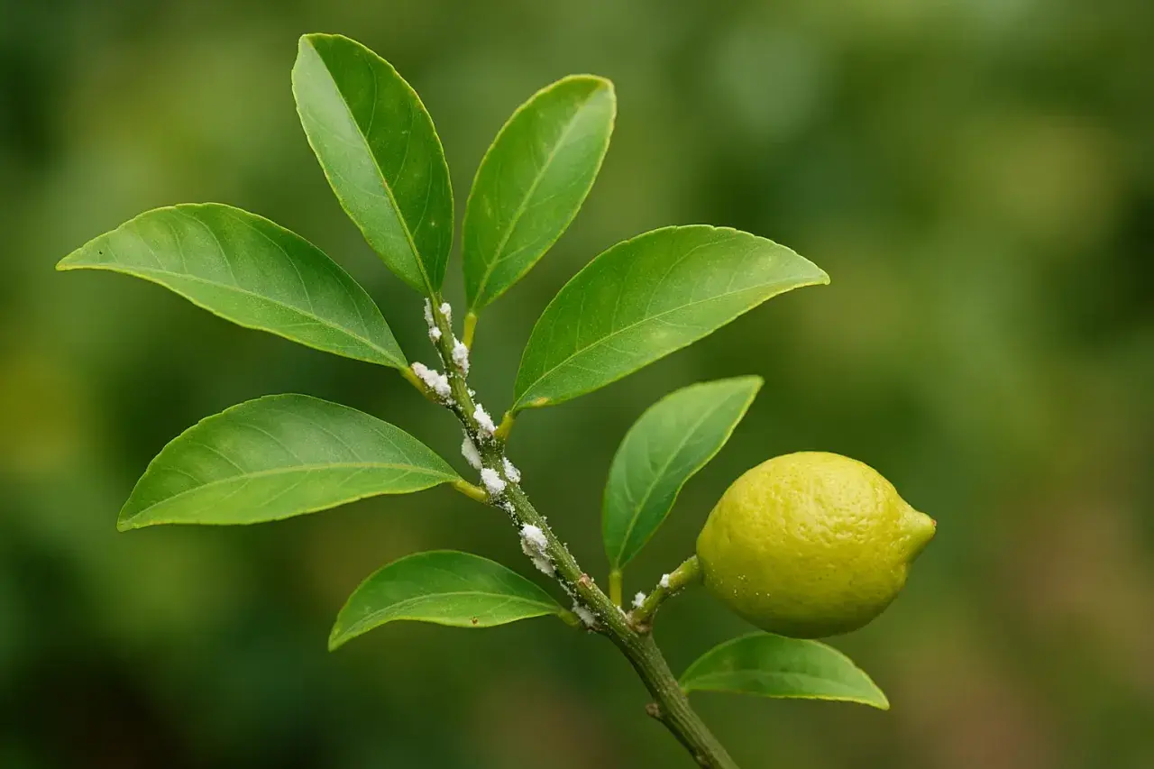 Ramo di limone con cocciniglia cotonosa. L'olio di neem è un rimedio naturale per combattere questi parassiti.