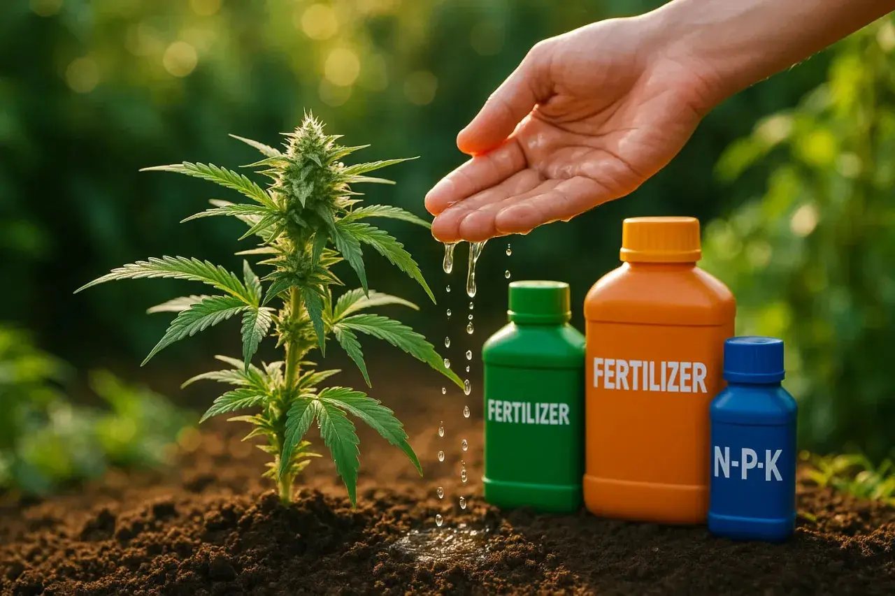 Piantina autofiorenti in terra, mano che annaffia, fertilizzanti. Ideale per chi cerca la temperatura minima ideale per la crescita.