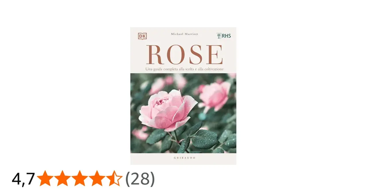 Copertina libro "Rose: una guida completa alla scelta e alla coltivazione". Rosa rosa con gocce d'acqua. Perfetto per chi ama coltivare rose.