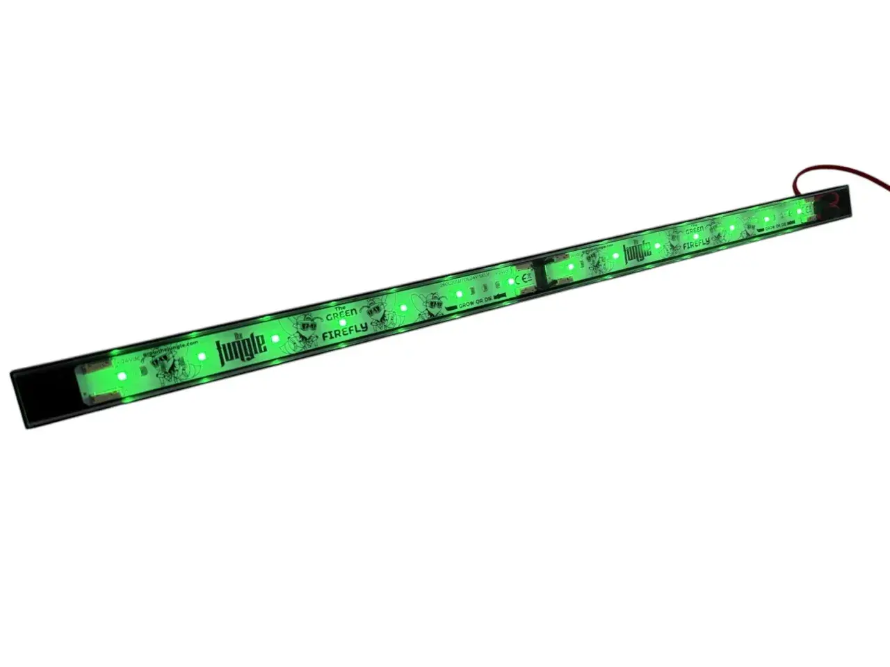 Barra luminosa a LED con scritta "The Green Firefly" e grafica stilizzata, emette una brillante luce verde.