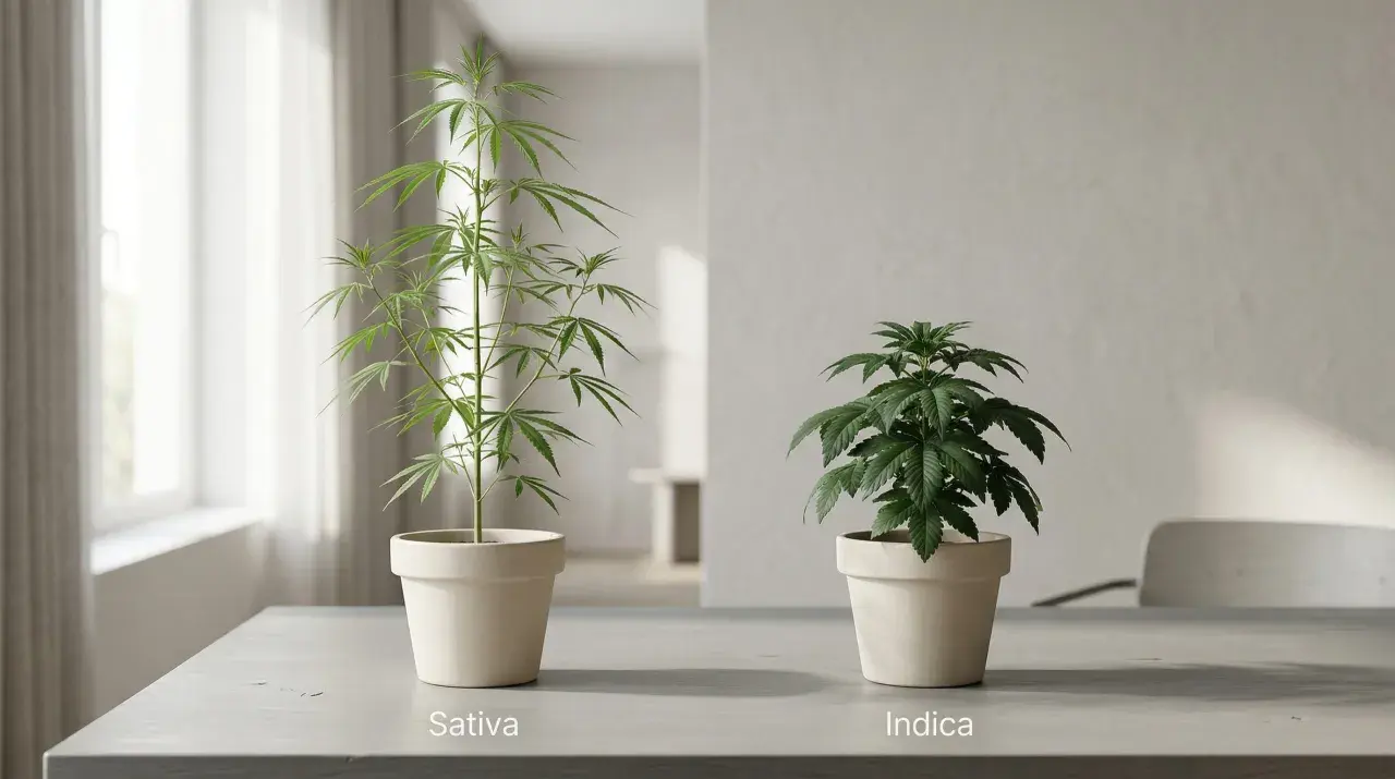 Due piante di cannabis in vaso, una Sativa alta e slanciata, l'altra Indica più compatta e folta. I tricomi brillano sui loro steli.