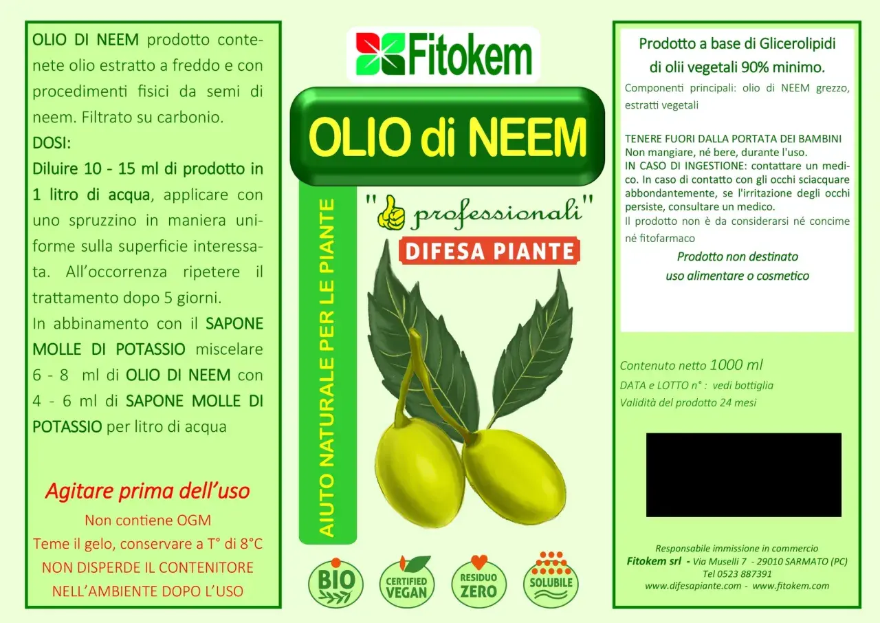 Olio di neem per la difesa naturale delle piante. Prodotto biologico, vegano, a residuo zero, solubile. Ideale per l'agricoltura.