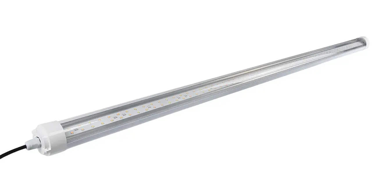 Un lungo tubo a neon con strisce LED interne, ideale per illuminare spazi di lavoro o serre.