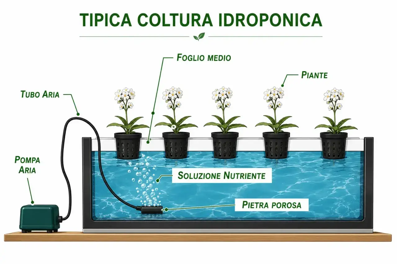Sistema idroponico con piante in vasi a rete immersi in soluzione nutriente. Pompa d'aria ossigena l'acqua, essenziale per la crescita delle piante, inclusa l'assimilazione di azoto.