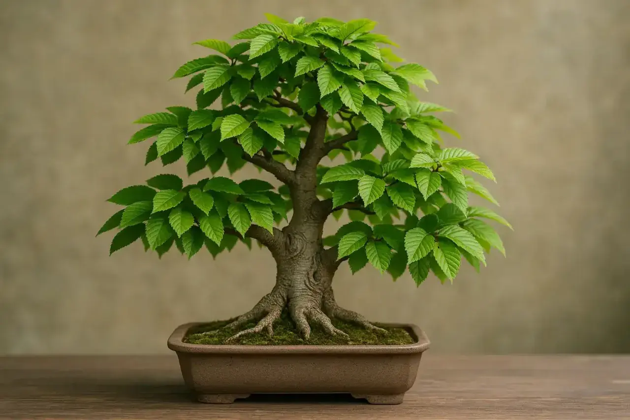 Un bonsai rigoglioso, con radici aeree evidenti, in un vaso marrone. Un esempio di come si cura un bonsai per mantenerlo sano e bello.