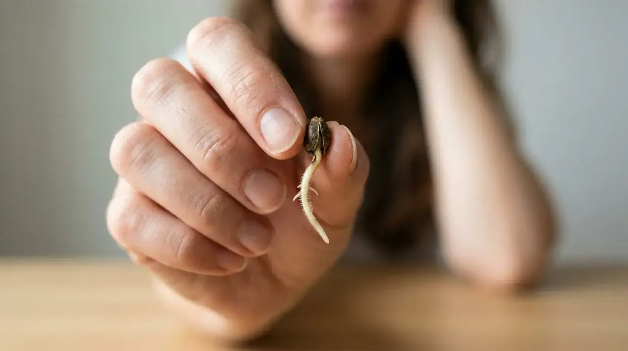 Dita tengono un seme con una radice spuntata, simbolo di germinazione autofiorenti.