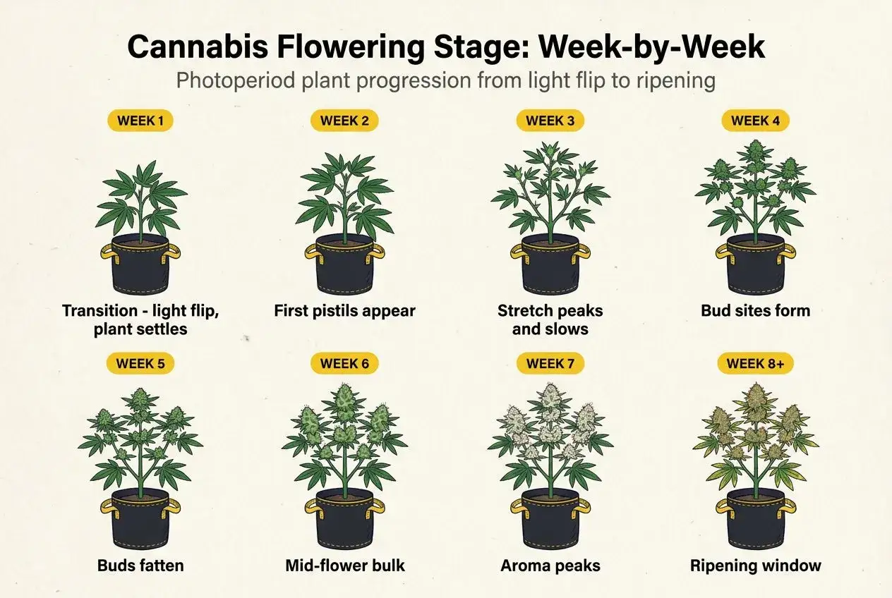 Illustrazione della fioritura cannabis settimana per settimana: dalla transizione alla maturazione, con dettagli su pistilli, cime e aroma.