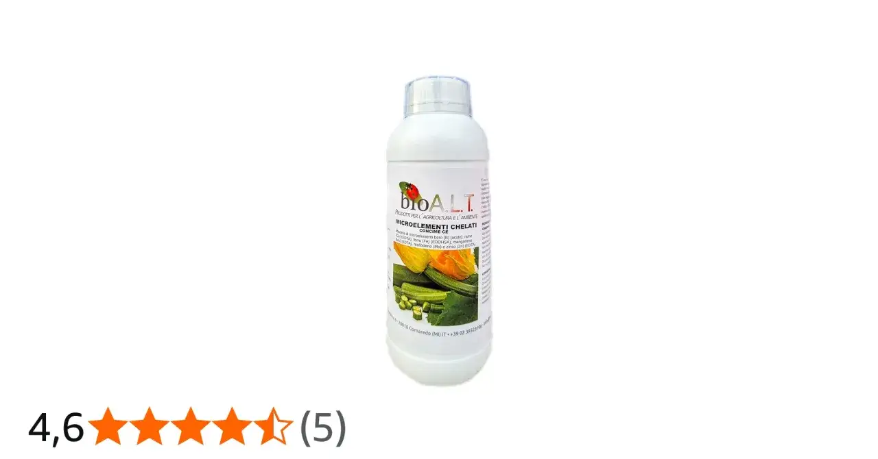 Flacone di concime liquido con etichetta che mostra zucchine e fiori. Il prodotto contiene microelementi chelati essenziali per la crescita delle piante.