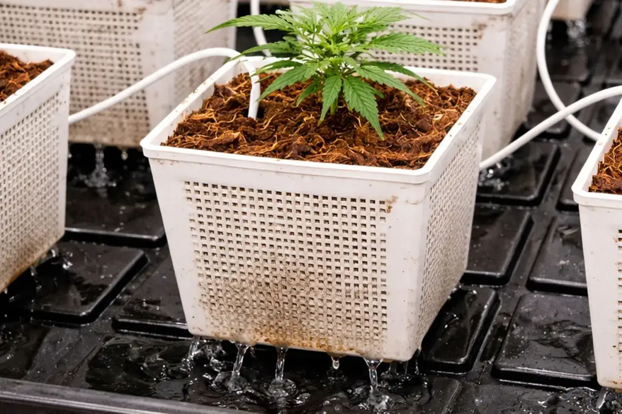 Piantina in vaso con substrato di cocco, sistema di irrigazione a goccia. Il bio bloom e top max insieme nutrono la crescita.