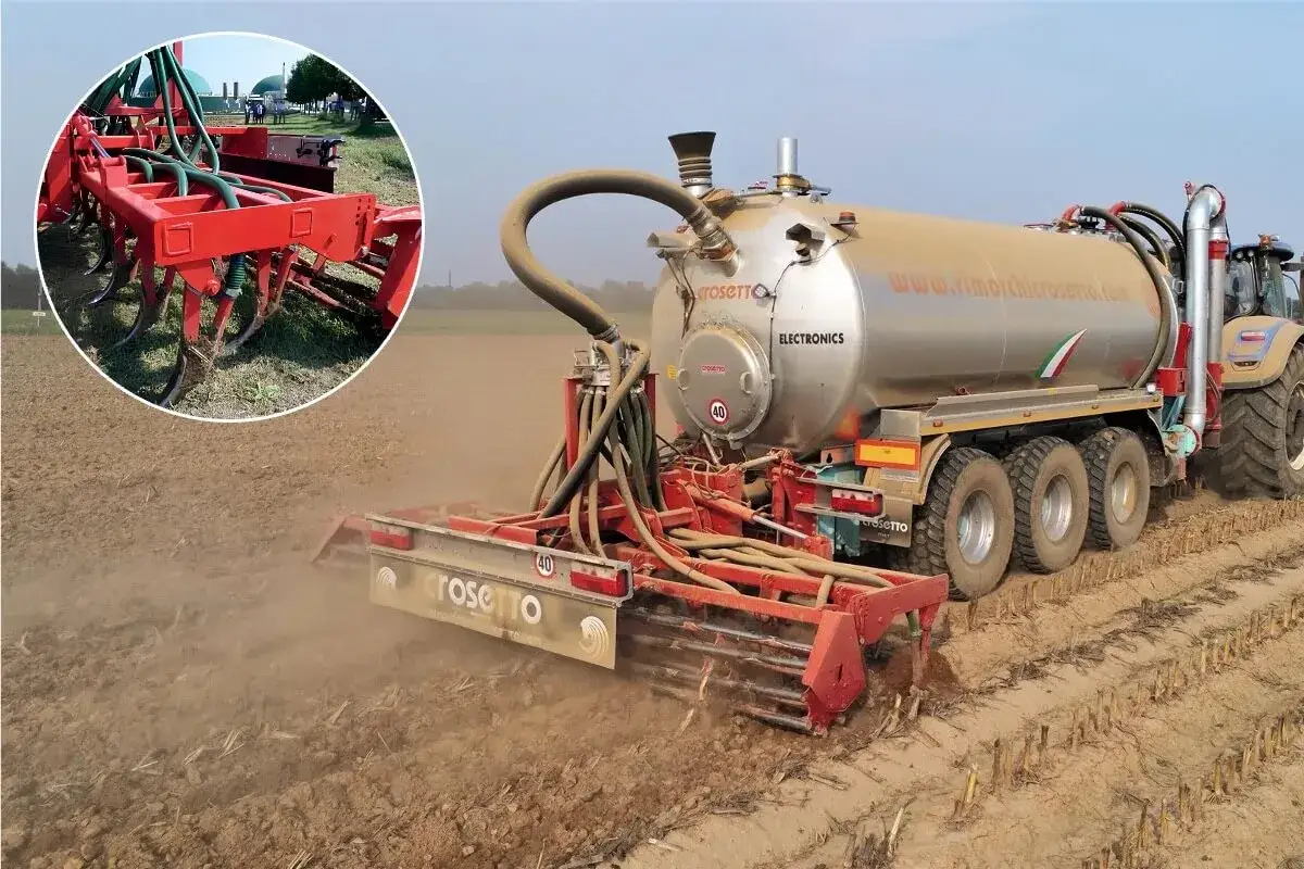 Un trattore con cisterna distribuisce fertilizzante liquido, mentre un'attrezzatura a dischi lavora il terreno. Ottimizza le dosi di leonardite per un suolo fertile.